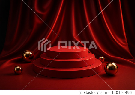 Red velvet curtains with spotlighted circular podium designed for luxury product staging 130101496