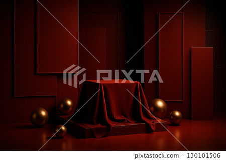 Dark luxury interior with red velvet podium highlighted by glowing floor accent lamps 130101506