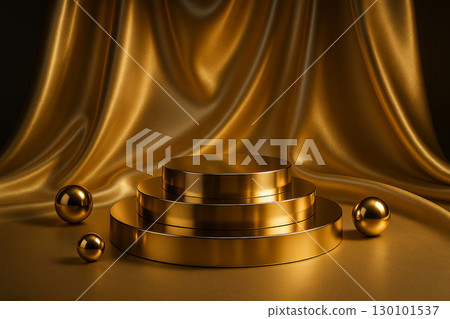 Shimmering golden draped curtains with spotlit podium stage for glamorous presentation Shimmering golden draped curtains with spotlit podium stage for glamorous presentation 130101537
