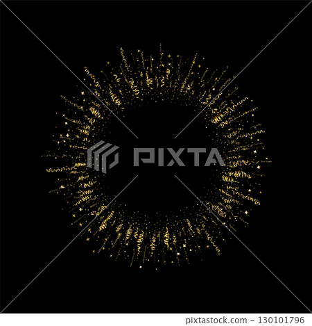 Golden serpentine ribbons frame. Confetti round banner. Luxury streamer Golden serpentine ribbons frame. Confetti round banner. Luxury streamer 130101796