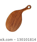 Wooden oval handmade cutting board, trendy eco-friendly kitchenware, new empty equipment with handle for chopping food, isolated image, clipping path, soft focus, top view 130101814