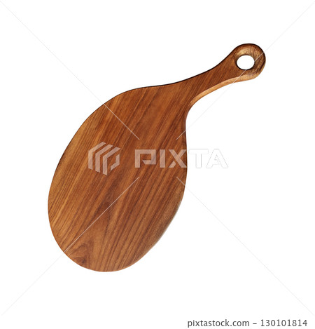 Wooden oval handmade cutting board, trendy eco-friendly kitchenware, new empty equipment with handle for chopping food, isolated image, clipping path, soft focus, top view 130101814