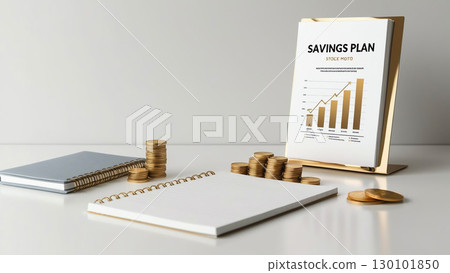 minimalist desk setup featuring gold coins, notepad, and Savings Plan chart, highlighting organized investments and financial planning 130101850