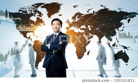 person in business attire stands confidently against global map, surrounded by fluctuating financial data, symbolizing economic risks and uncertainty in international markets 130101851