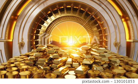 radiant golden sunrise illuminates vault filled with gold, symbolizing dawn of financial growth and prosperity 130101853