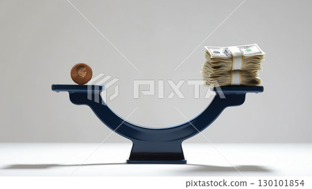 seesaw balancing single coin against stack of cash, illustrating stark disparity caused by inflation and economic challenges 130101854