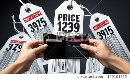 shopper holding empty wallet in front of soaring price tags, illustrating impact of inflation on personal finances and economic concerns 130101855