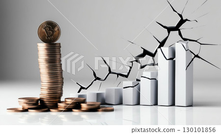 stack of coins beside cracked financial graph, symbolizing economic risk and currency value fluctuations. image captures tension between wealth and instability 130101856