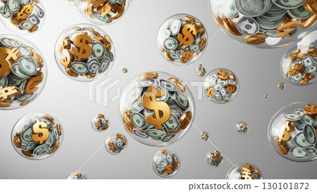 Abstract rising bubbles filled with currency symbols, depicting inflation risks and economic concerns. image illustrates concept of financial instability and market fluctuations 130101872