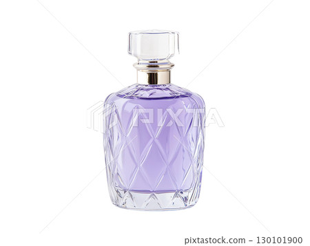 Elegant glass perfume bottle with purple liquid inside, featuring diamond pattern and clear stopper, perfect for luxury fragrance displays 130101900