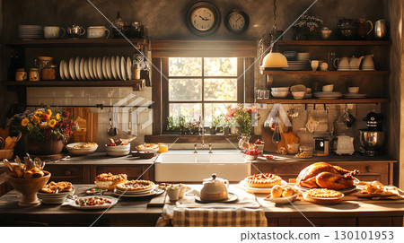 rustic kitchen filled with delicious roasted dishes, pies, and vibrant flowers. warm atmosphere invites you to enjoy cozy meal with family and friends rustic kitchen filled with delicious roasted dishes, pies, and vibrant flowers. warm atmosphere invites you to enjoy cozy meal with family and friends 130101953
