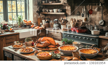 rustic kitchen filled with aroma of roasted turkey, pies, and festive dishes. warm ambiance invites cozy gathering around wooden table rustic kitchen filled with aroma of roasted turkey, pies, and festive dishes. warm ambiance invites cozy gathering around wooden table 130101954