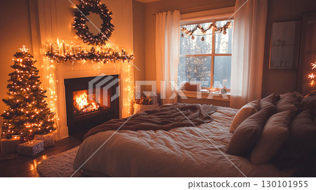 cozy bedroom featuring warm fireplace, decorated with festive lights and Christmas tree, creating serene and inviting atmosphere cozy bedroom featuring warm fireplace, decorated with festive lights and Christmas tree, creating serene and inviting atmosphere 130101955