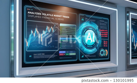 Futuristic AI analyzing volatile market trends on holographic displays, showcasing advanced tools for mitigating financial risks and enhancing decision making in finance 130101995