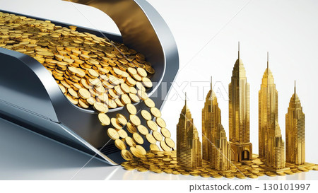 Gold coins flowing into futuristic machine, transforming into golden skyscrapers, symbolizes merging of wealth and progress in modern world 130101997