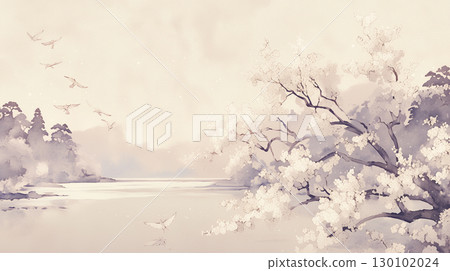 優雅精緻的日式壁紙插圖。柔和、平靜的色彩描繪了日本風景。 130102024