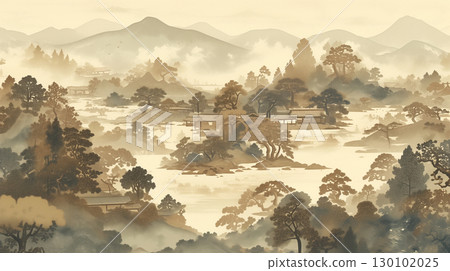 優雅精緻的日式壁紙插圖。柔和、平靜的色彩描繪了日本風景。 130102025