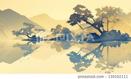 藝術細膩的日式壁紙插畫，以柔和的色彩描繪日式風景，營造出寧靜優雅的氛圍。 130102111