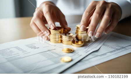 Close up of hands stacking gold coins on financial documents, symbolizing investment planning and wealth management 130102199