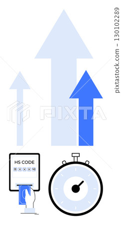 Arrows symbolizing growth a stopwatch, and a hand entering a code on a device emphasize progress, speed, and data input. Ideal for business, productivity, technology, efficiency, time management 130102289