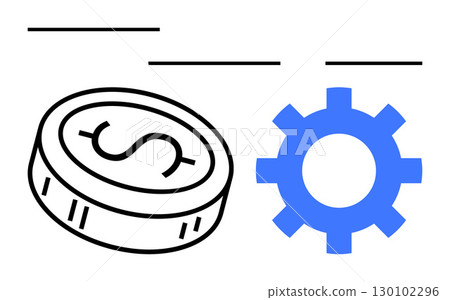 Coin with dollar symbol and blue gear interact. Ideal for finance, technology, investment, development, efficiency, digital transformation, economic planning. Line metaphor Coin with dollar symbol and blue gear interact. Ideal for finance, technology, investment, development, efficiency, digital transformation, economic planning. Line metaphor 130102296