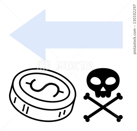 Blue arrow pointing left, black coin with dollar sign, and skull and crossbones. Ideal for financial warnings, cautionary content, risk management, decision-making impacts, economic dangers, pirates Blue arrow pointing left, black coin with dollar sign, and skull and crossbones. Ideal for financial warnings, cautionary content, risk management, decision-making impacts, economic dangers, pirates 130102297