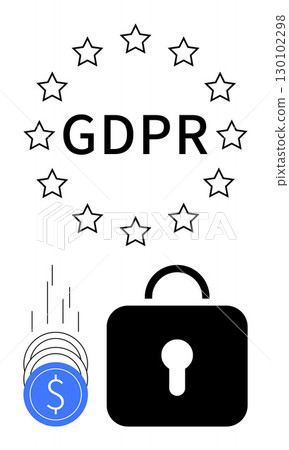GDPR acronym encircled by 12 stars, black padlock symbolizing security next to coins motion. Ideal for data protection, privacy policies, compliance, financial security, online safety, EU law 130102298
