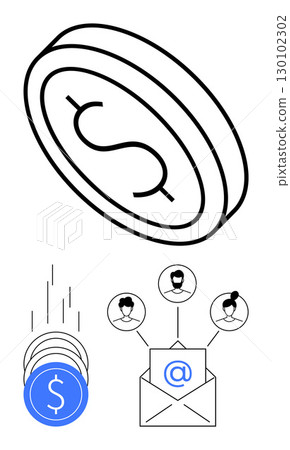 Large coin with dollar sign, smaller coins dropping, envelope with email symbol, user profile icons. Ideal for finance, cryptocurrency, online transactions, email marketing, digital communication Large coin with dollar sign, smaller coins dropping, envelope with email symbol, user profile icons. Ideal for finance, cryptocurrency, online transactions, email marketing, digital communication 130102302
