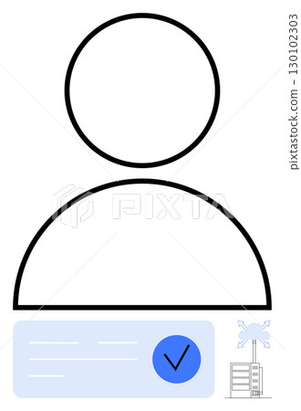 User profile icon with a large circle for the head and half-circle for the body, accompanied by a section displaying lines of text and a blue checkmark. Ideal for identity verification, user User profile icon with a large circle for the head and half-circle for the body, accompanied by a section displaying lines of text and a blue checkmark. Ideal for identity verification, user 130102303