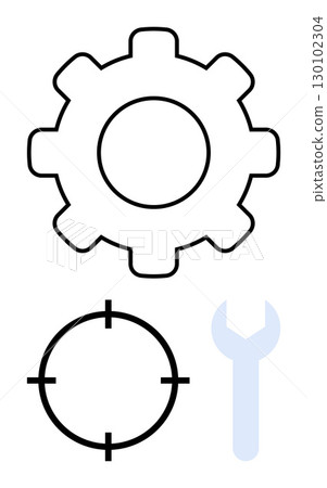 Gear, target, and wrench symbols convey themes of settings, precision, and tools. Ideal for technology, manufacturing, engineering maintenance productivity mechanics and repair. Line metaphor 130102304
