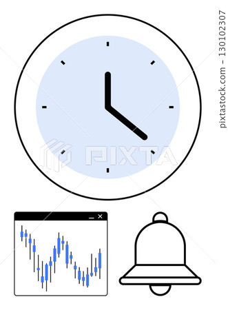 Analog clock indicating time, stock market chart with fluctuating data, and bell for notifications. Ideal for time management, financial planning, reminders, scheduling, productivity, alerts 130102307