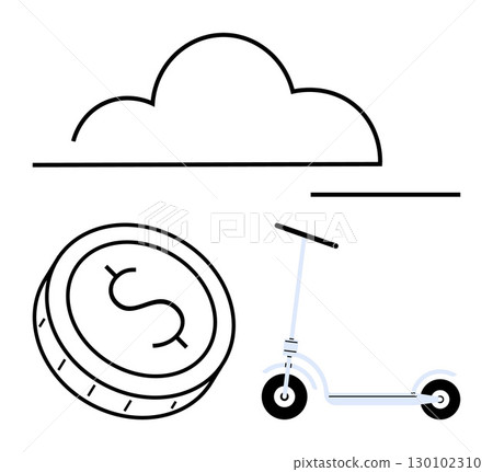 Coin with dollar sign, cloud, and scooter representing economic transport, tech integration, and savings. Ideal for financial planning, mobility solutions, smart transportation, tech advancements Coin with dollar sign, cloud, and scooter representing economic transport, tech integration, and savings. Ideal for financial planning, mobility solutions, smart transportation, tech advancements 130102310