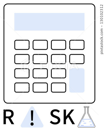 Calculator with grid layout, RISK below using beaker for I and exclamation mark in triangle. Ideal for finance, science, education, research, business strategy, risk analysis decision making. Line Calculator with grid layout, RISK below using beaker for I and exclamation mark in triangle. Ideal for finance, science, education, research, business strategy, risk analysis decision making. Line 130102312