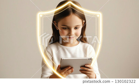 child using tablet surrounded by digital protective barrier, symbolizing safe online environments and importance of digital safety 130102322