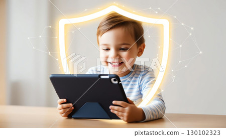 child smiling while using tablet, surrounded by digital shield symbolizing safe online environments. This highlights importance of digital safety for kids 130102323