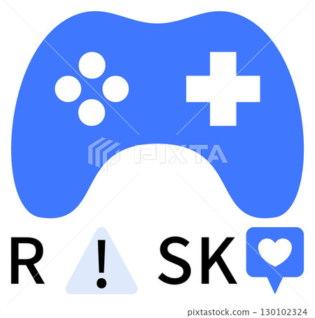 Blue game controller with buttons above the word RISK, which includes a warning triangle and a heart within a speech bubble. Ideal for game design, safety, communication, digital interaction, health 130102324