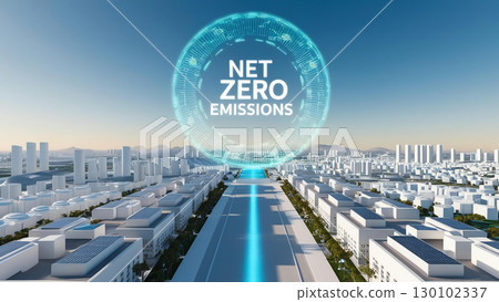 futuristic city powered entirely by renewable energy with focus on sustainability and innovation, showcasing Net Zero Emissions prominently in sky 130102337