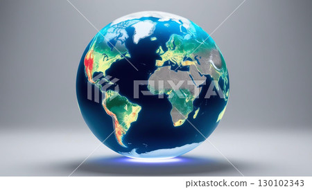 futuristic hologram of Earth showcasing regions of high carbon emissions, emphasizing global awareness and urgent need for mitigation efforts 130102343