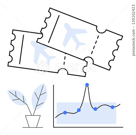 Travel tickets potted plant data graph with trend line represent travel sustainability, business growth, planning, innovation, analysis, exploration. Ideal for strategy, vision, eco-friendly 130102423