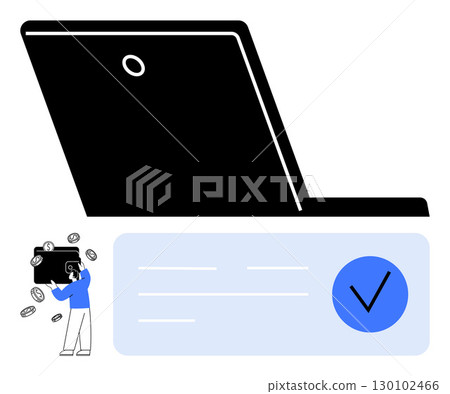 Man transferring money through mobile wallet illustrated by flying coins, giant laptop, verification checkmark. Ideal for finance, digital transactions, online banking, e-commerce, financial 130102466