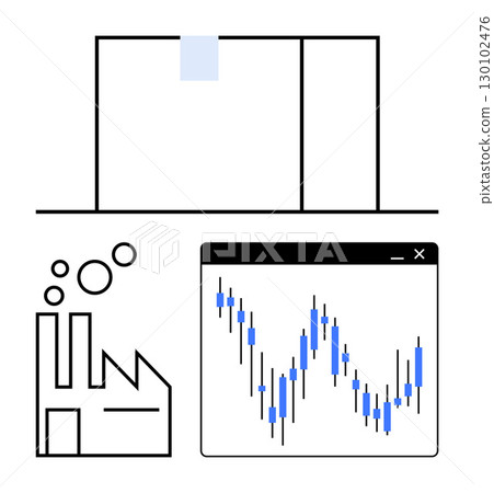 Factory building, stock market candlestick graph, and electronic production line. Ideal for industrial growth, financial analysis, economic trends, production efficiency, market research, investment Factory building, stock market candlestick graph, and electronic production line. Ideal for industrial growth, financial analysis, economic trends, production efficiency, market research, investment 130102476