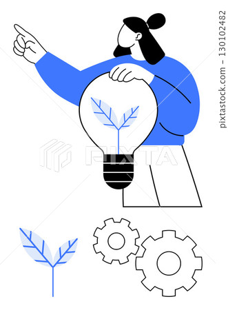 Person holding lightbulb with leaf inside, pointing forward. Below, a small plant and cogwheels represent growth and innovation. Ideal for sustainability, innovation, eco-friendliness, green energy 130102482