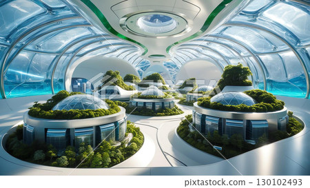 futuristic city with air purifying domes, showcasing innovative green technology and lush greenery, promoting sustainability and combating carbon emissions 130102493