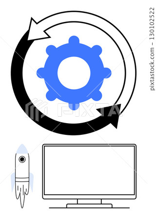 Gear with cycle arrows, rocket launching, and computer monitor below. Ideal for technology, business, startup, process management, innovation workflow automation. Line metaphor Gear with cycle arrows, rocket launching, and computer monitor below. Ideal for technology, business, startup, process management, innovation workflow automation. Line metaphor 130102522