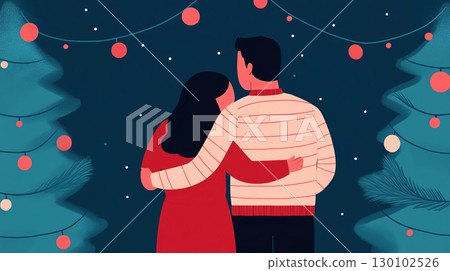 couple embracing in front of decorated Christmas trees, surrounded by festive lights and snowflakes, capturing warm holiday moment 130102526