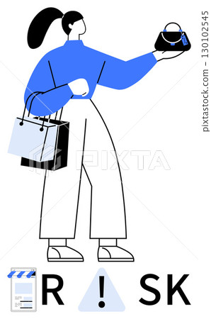 Woman holding bags considering a purchase while evaluating a tagged handbag. Ideal for retail, shopping, consumer behavior, marketing, decision making, financial caution, risk assessment themes. Line 130102545