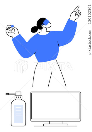 Woman wearing a VR headset, interacting with gestures, holding an object. Below, a bottle of hand sanitizer and a computer monitor. Ideal for virtual reality, health safety, digital learning 130102561