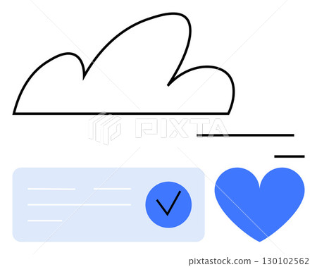 Cloud outline with checkmark inside blue rounded rectangle, and heart symbolizing user approval. Ideal for cloud services, data security, digital storage, user feedback, online services, app 130102562