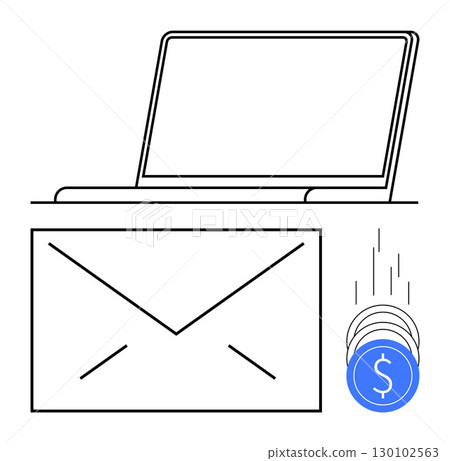 Laptop with blank screen above large envelope, adjacent to falling blue coins with dollar signs. Ideal for financial transactions, email marketing, digital payments, online services, technology 130102563