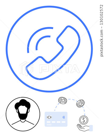 Phone with sound waves, user profile, coins, credit card, hand receiving payment. Ideal for business communication, customer support, contactless payments, financial transactions digital Phone with sound waves, user profile, coins, credit card, hand receiving payment. Ideal for business communication, customer support, contactless payments, financial transactions digital 130102572